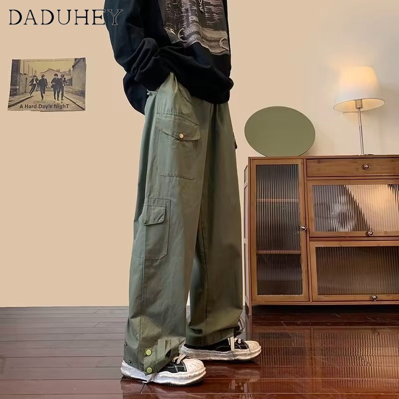 DaDuHey Men's and Women's Autumn Overalls Solid Color Wide Leg Loose Adjustable Ankle-Tied Multi-Pocket Casual Working Pants
