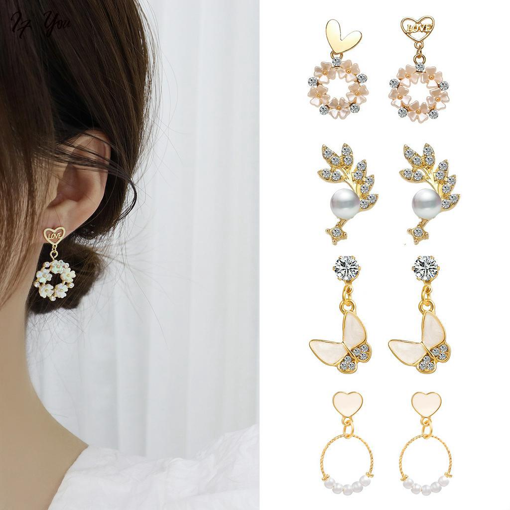 Khuyên Tai Dáng Dài Nhiều Kiểu Đính Ngọc Trai Kim Cương Nhân Tạo Phong Cách Hàn Quốc