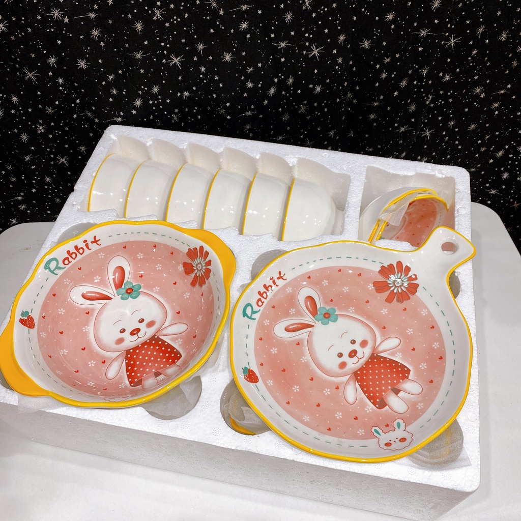 Set bộ đồ ăn thỏ hồng rabbit 13 món kèm hộp