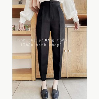 áo sơ mi lụa bóng tay bồng, quần baggy đen basic công sở
