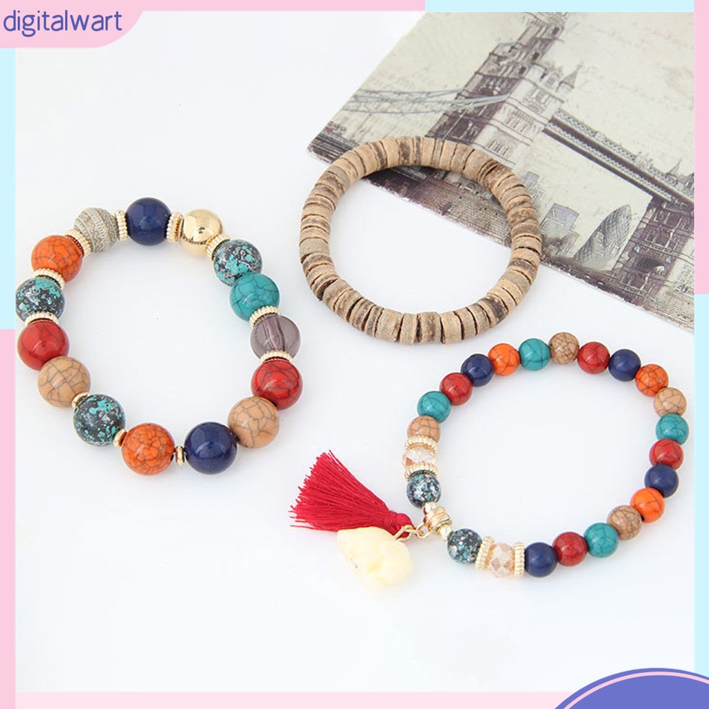 Set 3 Vòng Tay Chuỗi Hạt Nhựa Nhiều Lớp Phong Cách Bohemia Cho Nữ