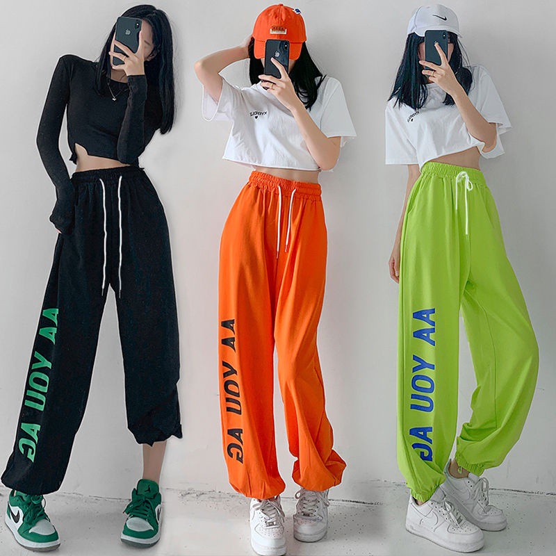 Quần Dài Lưng Cao Dáng Rộng Màu Xanh Lá Dạ Quang Phong Cách Hip Hop Cá Tính