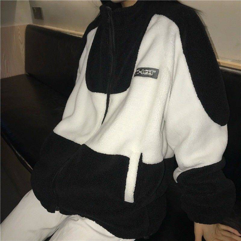 Áo Khoác Lông TH PEONYB Nữ [FREESHIP] 🌸 Sweater nỉ bông phối trắng đen, hoodie zip form rộng tay bồng Ulzzang 🌸 | BigBuy360 - bigbuy360.vn