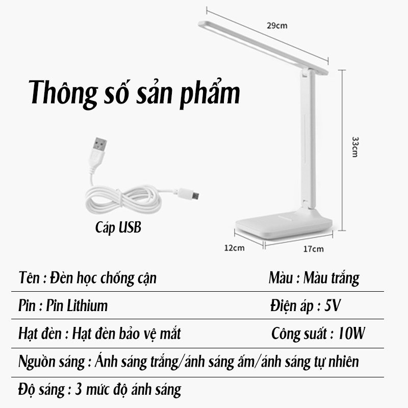 Đèn Học, Đọc Sách, Để Bàn Làm Việc, Đèn LED Chống Cận Không Tỏa Nhiệt, 3 Chế Độ Sáng, Cảm Ứng, Gập 2 Chỗ - Lado Shop