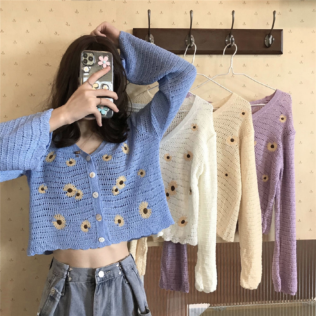 Áo Khoác Cardigan Len Thêu Hoa Cúc Nhỏ Thời Trang Thanh Lịch