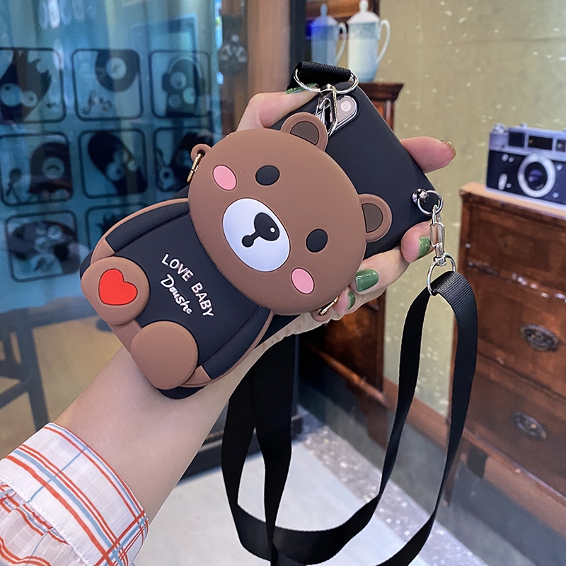 Samsung J3 J7 2015 2016 J3Pro J5Pro J7Pro J5Prime J2Prime J7Prime A5/2016 A5/2017 Cute Teddy Bear Soft Phone case Couple Love Bear Cion Card Wallet Phone Cover Case with Lanyard