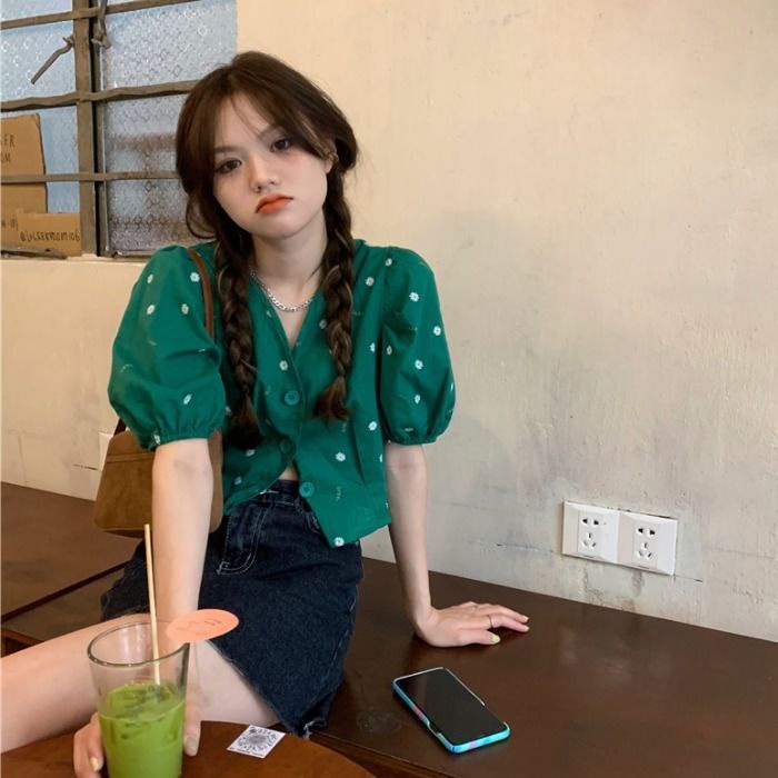 Áo Cardigan Tay Phồng Cổ Chữ V Họa Tiết Hoa Cúc Phong Cách Kiểu Pháp Cổ Điển Duyên Dáng