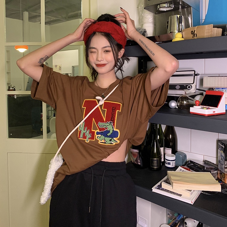 Áo Thun Tay Ngắn Cổ Tròn Thêu Họa Tiết Thời Trang Hàn Quốc Cho Nữ