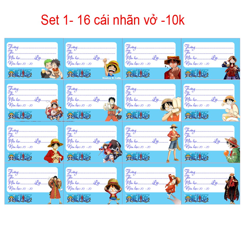 Nhãn vở anime One Piece( 1 set 16 cái nhãn vở giá 10k)