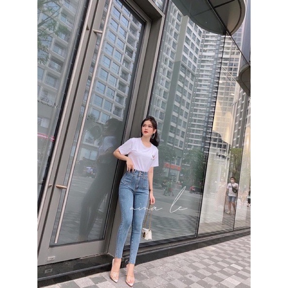 Quần jeans ôm cạp cao 2 túi trước chất co dãn mềm đẹp kèm ảnh thật