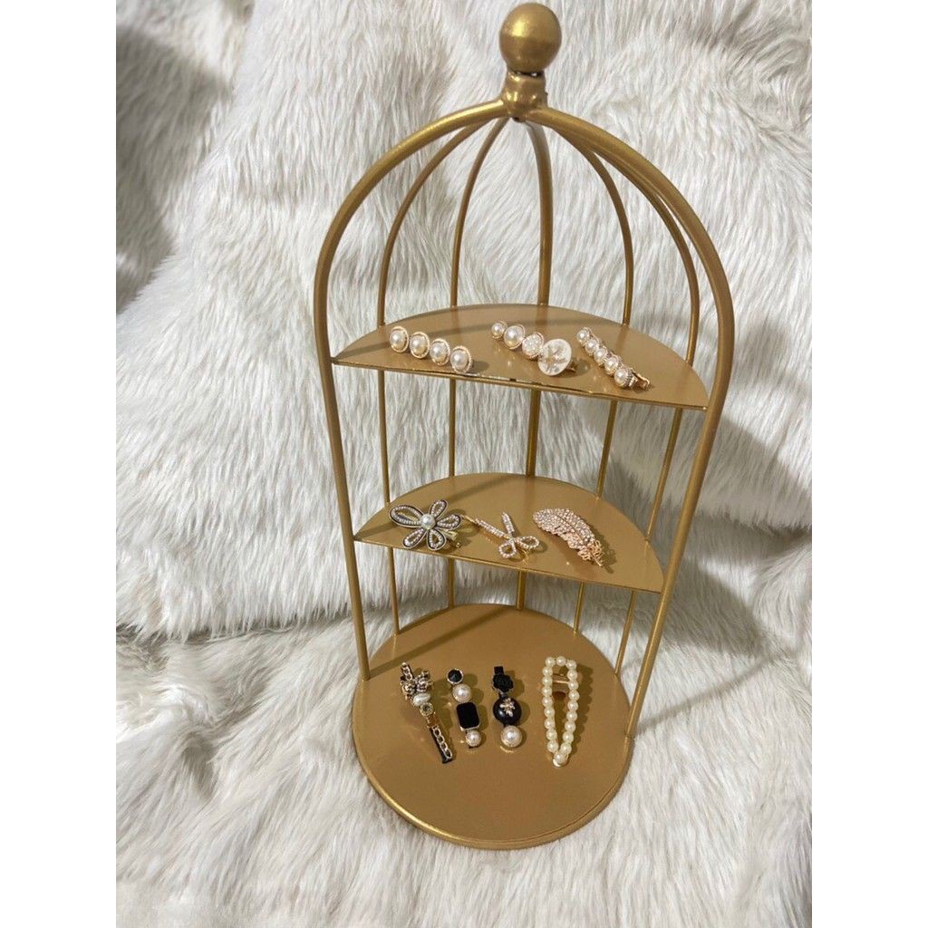 Kệ mỹ phẩm lồng chim 3 tầng siêu xinh để bàn màu vàng sang trọng, decor, đựng trà bánh, mỹ phẩm, nước h