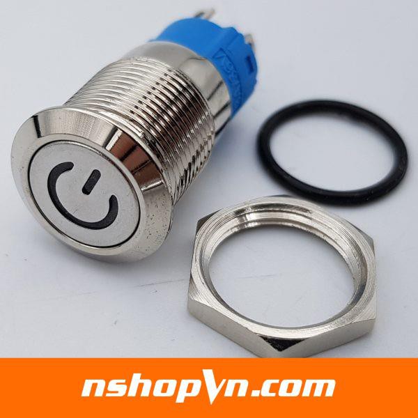 Nút nguồn kim loại 12mm có đèn Mặt nút nhấn dạng phẳng, chống nước nhẹ, nút giữ nguyên trạng thái khi thả tay ra