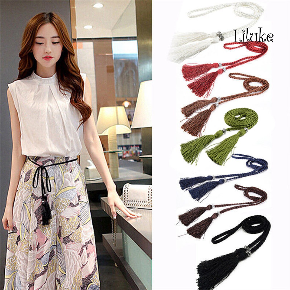 Thắt Lưng Bện Dây Phối Tua Rua Mỏng Thời Trang Cho Nữ
