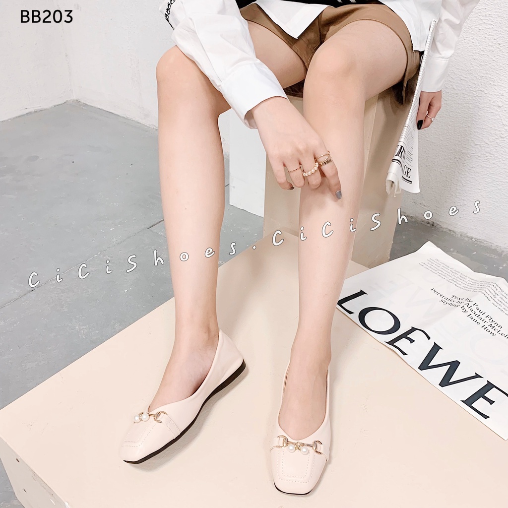 Giày búp bê nữ CiCi Shoes mũi vuông, giầy bệt xích bé đính ngọc - BB203