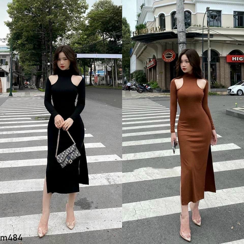 đầm gân body cổ lọ kiểu hở vai xẻ tà