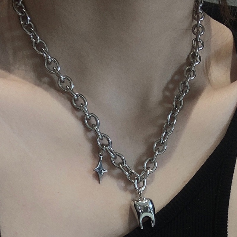 Dây chuyền 19A1557 mặt hình chiếc răng và ngôi sao phong cách hip hop đơn giản ngọt ngào cho nam và nữ