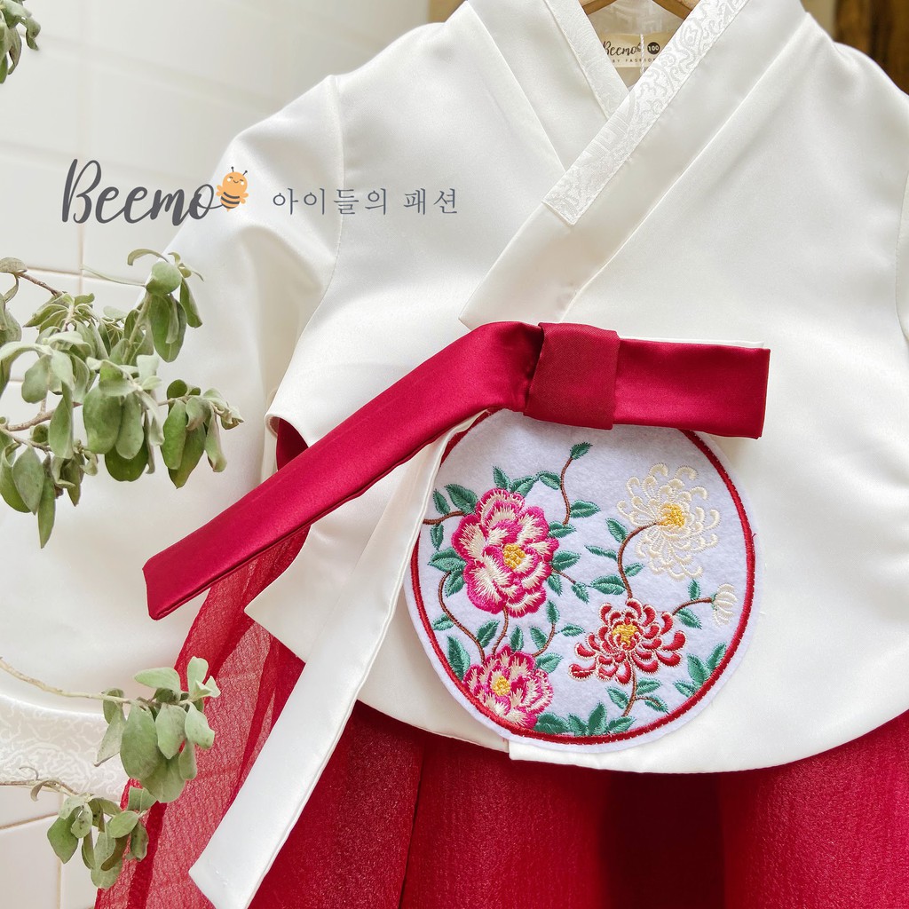 ÁO DÀI HANBOK CÁCH TÂN CHO BÉ TRAI - GÁI BEEMO, Chất liệu gấm Hàn phối chân váy tơ ( nữ ) hoặc quần tơ óng ( nam ) B041