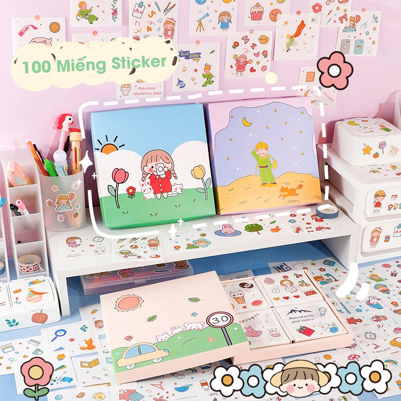 Sticker 100 tấm Hộp quà tặng 100 tấm dán hoạt hình trang trí sổ lưu niệm dễ thương, laptop, ốp điện thoại...