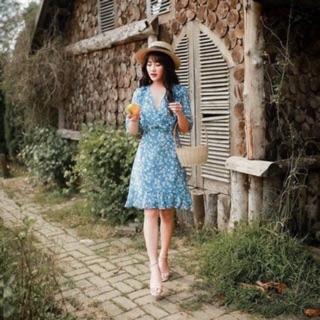 Đầm hoa nhí đuôi cá cổ v vát chéo vintage