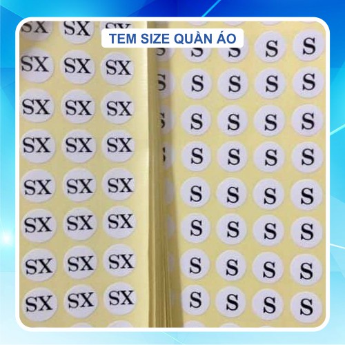 Tem size dán quần áo, sản phẩm có sẵn tại kho, kích thước tròn 1 cm, in ofset sắc nét, bế khuôn thành phẩm.