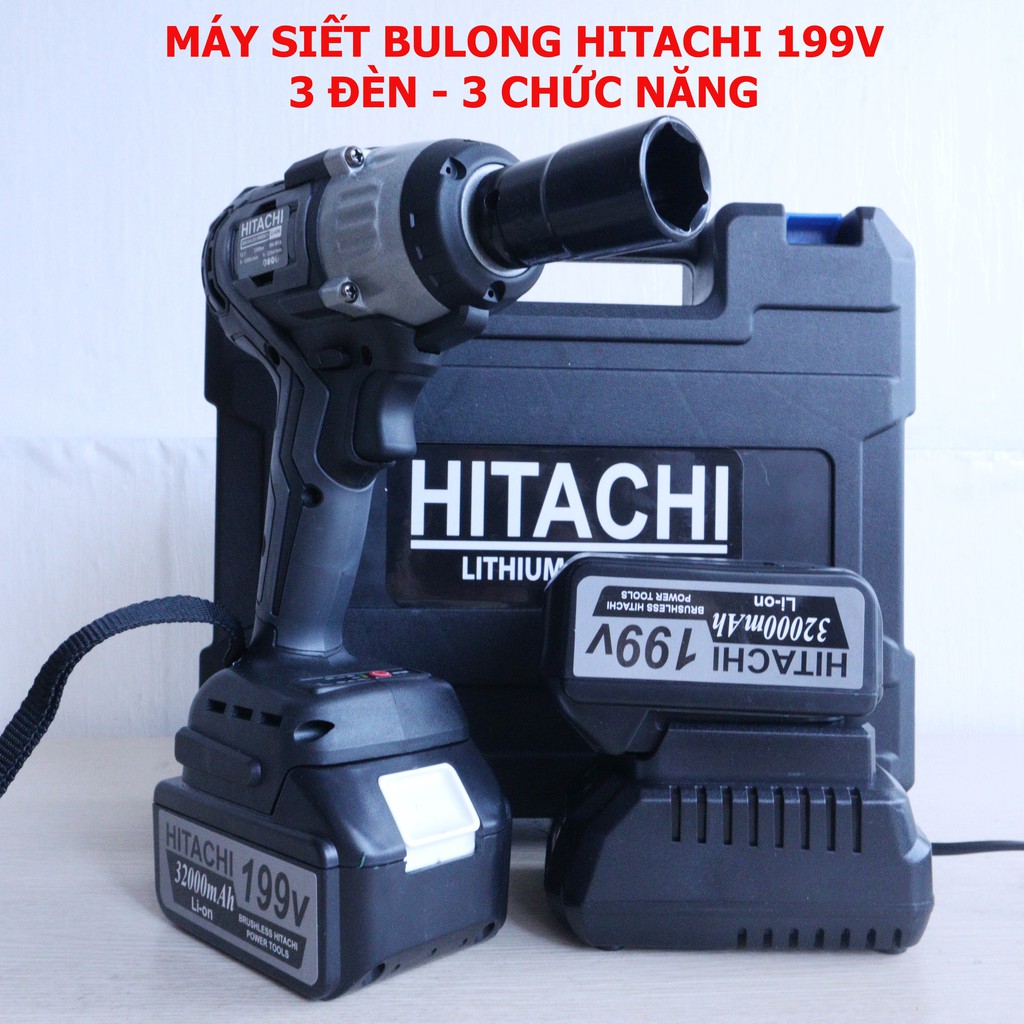 [TẶNG PHỤ KIỆN] Máy siết bulong Hitachi 199V - 3 ĐÈN LED Kèm 5 ĐẦU KHẨU VÀ 1 ĐẦU CHUYỂN VÍT - KHÔNG CHỔI THAN