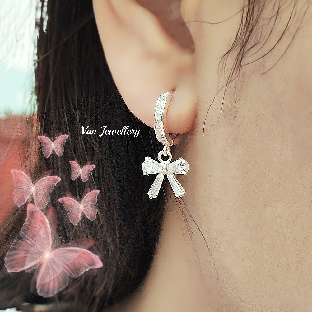 Bông tai bạc bông Nơ nạm đá trắng mẫu viền đá chìm