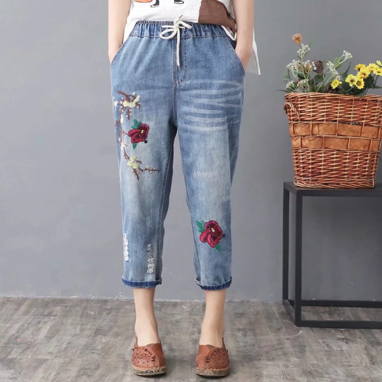 Quần jean baggy nữ lưng thun bigsize thêu hoa danh cho người 45kg đến 90kg