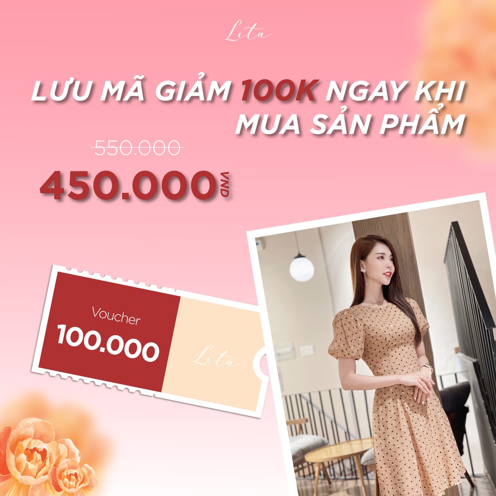 Đầm dự tiệc nữ Lita -  Váy công sở tay bồng chấm bi dáng xòe sang trọng Mã SKU: VCS05 | BigBuy360 - bigbuy360.vn