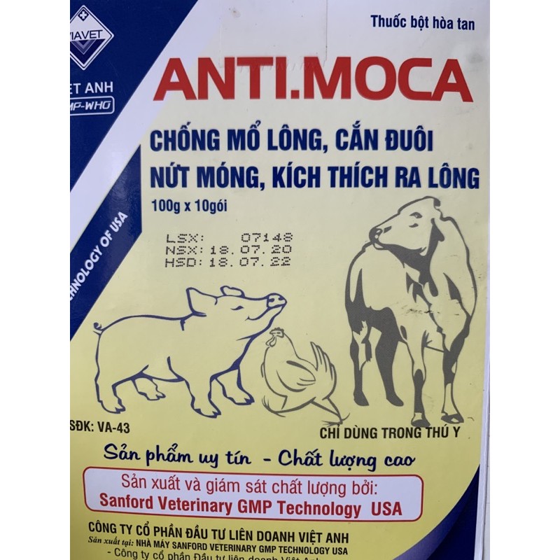 100g ANTI MOCA - chống cắn mổ, cắn đuôi, nứt móng, kích mọc lông cho gà, vịt, ngan, chim cút, heo