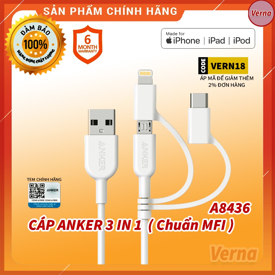 Cáp 3 in 1 Anker Powerline II 0.9M - A8436 (Lightning - Type C - Micro USB) - Hàng Chính Hãng