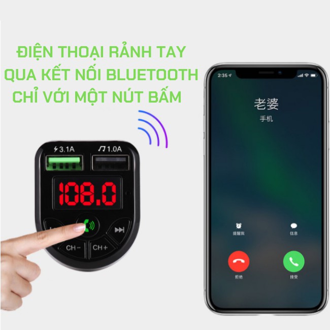 Tẩu, Cốc Sạc MP3 Dành Cho Ô Tô Kết Nối Bluetooth, Nghe Nhạc, Sạc Pin, Điện Thoại Rảnh Tay