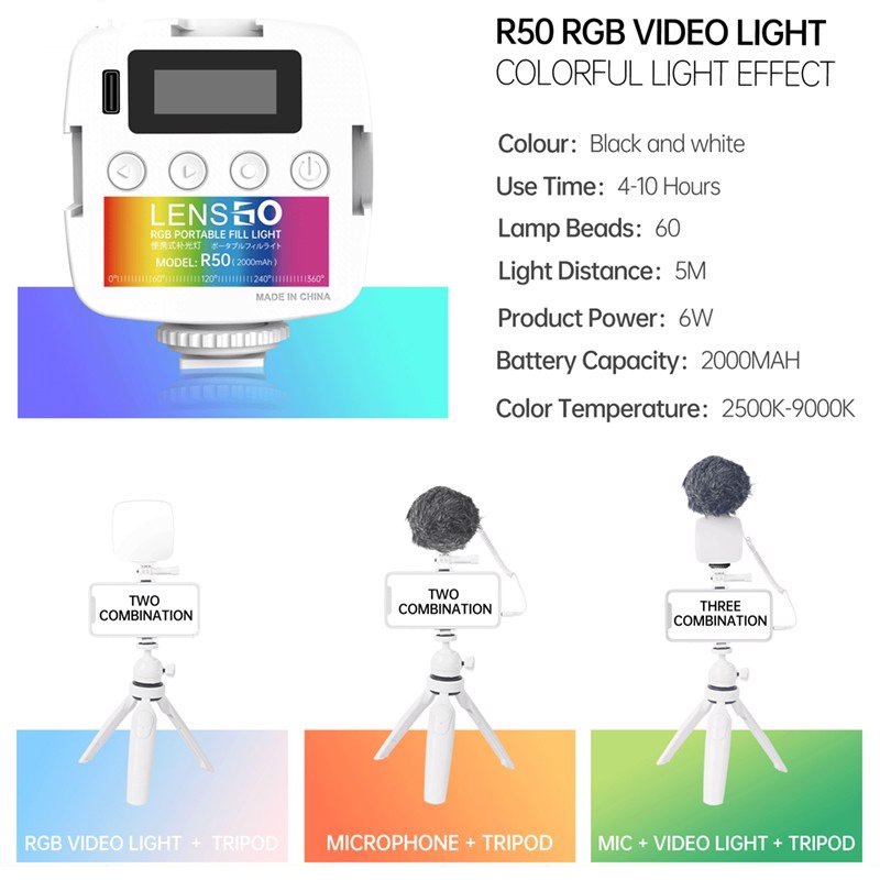 [Mã ELHACE giảm 4% đơn 300K] Đèn LED Hỗ Trợ Quay Phim, Chụp Ảnh Cho Smartphone, Máy Quay, Máy Ảnh Lensgo R50 RGB