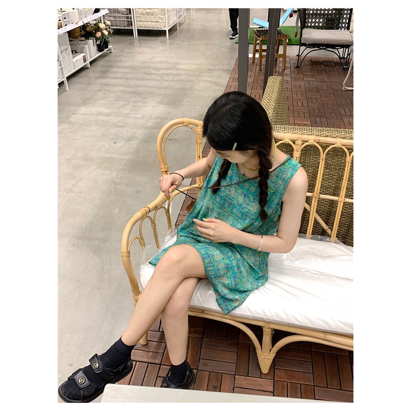 Đầm Sát Nách Cổ Tròn Form Rộng In Họa Tiết Hoa Phong Cách retro Hàn Quốc