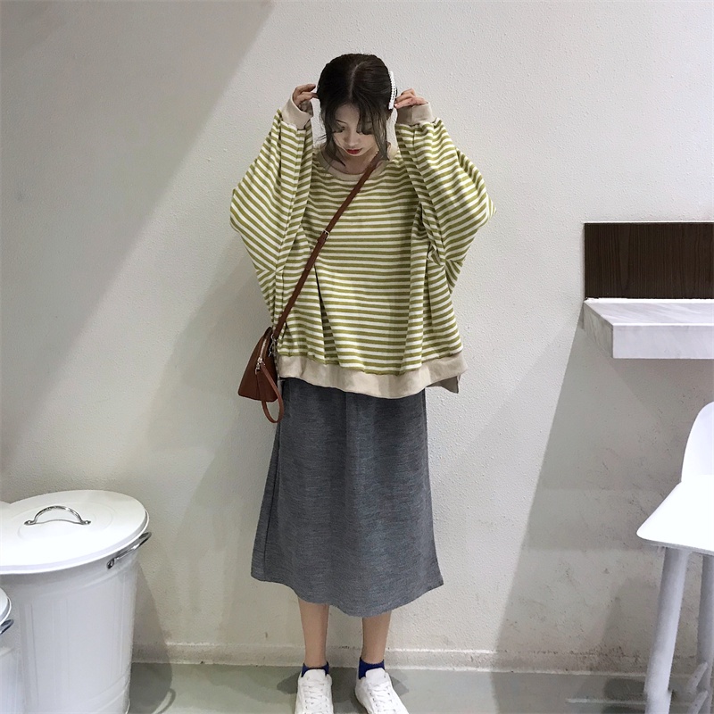 【ZHELIHANGFEI】Áo Thun Tay Dài Giả Hai Lớp Họa Tiết Kẻ Sọc Phong Cách Cá Tính