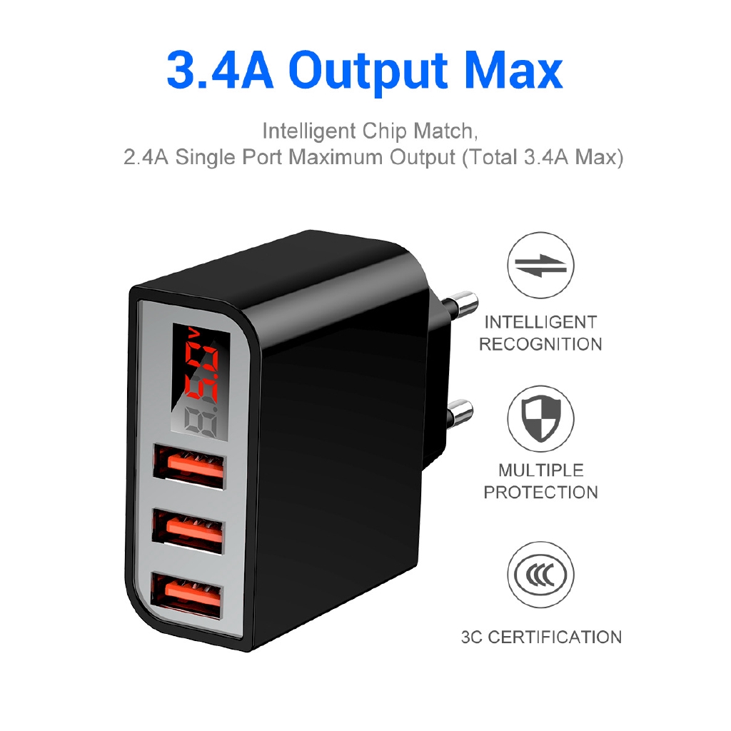 Bộ Sạc Nhanh 5v 3.4a 3 Cổng Usb Thông Minh