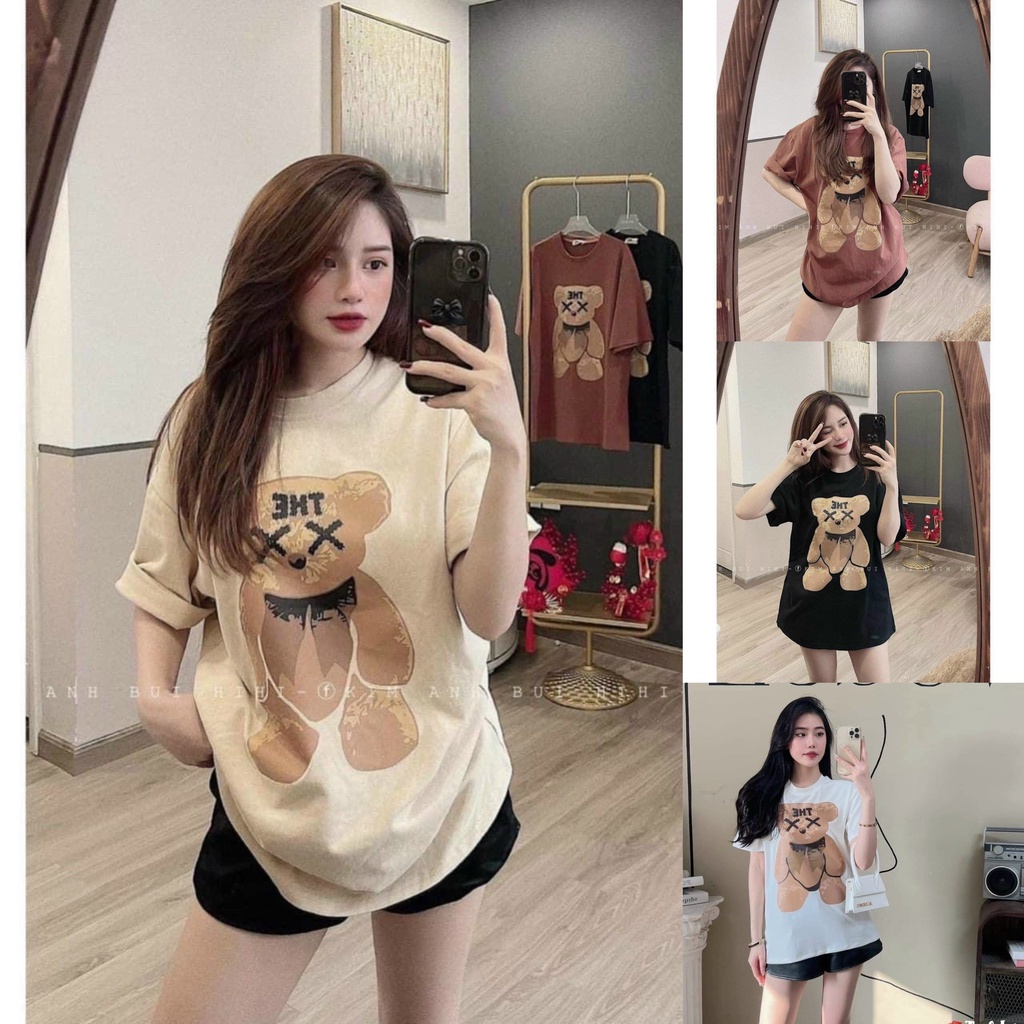 Áo Thun Tay Lỡ Hình Gấu THE. Áo Phông 3158 Cotton Nam Nữ Unisex Form Rộng Phong Cách Ulzzang Vintage