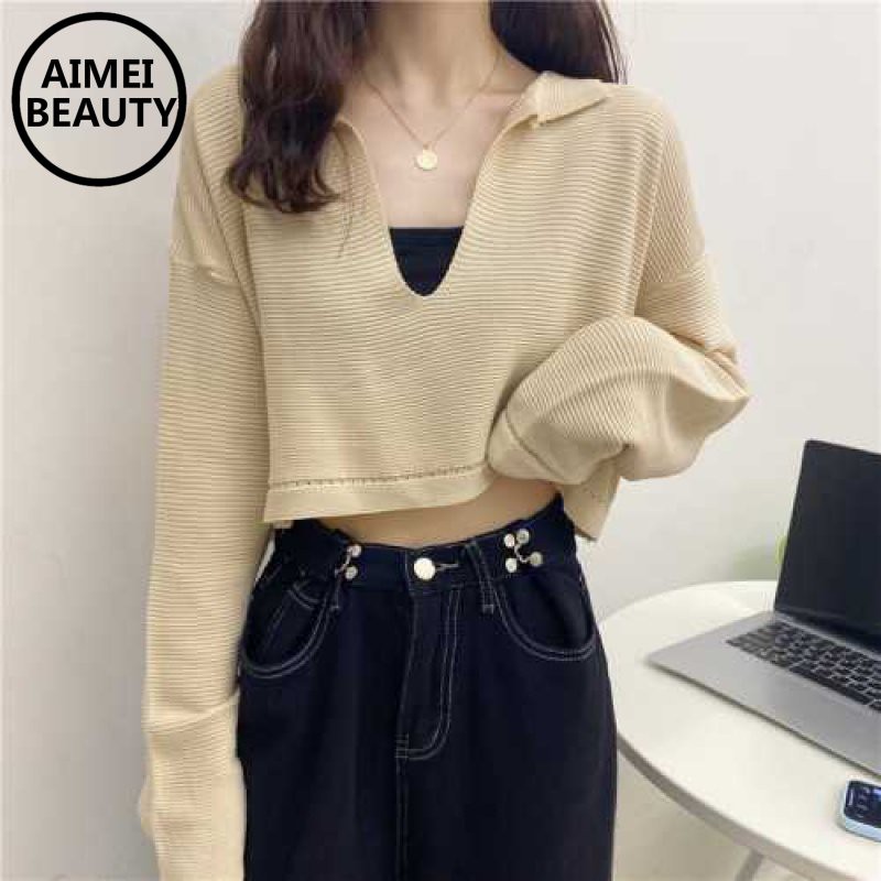 Áo croptop dệt kim tay dài cổ chữ V thời trang phong cách Hàn Quốc