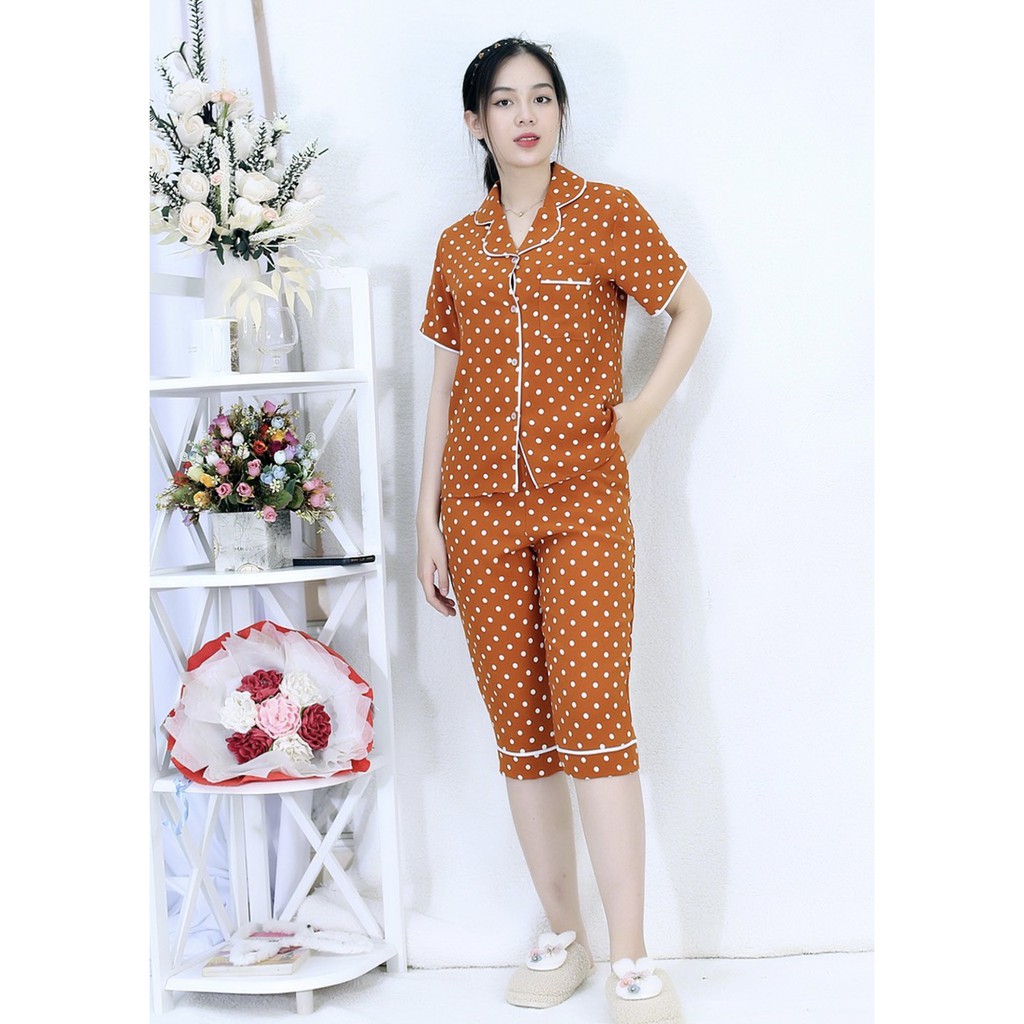 [HÌNH THẬT 100%] Bộ đồ Pijama nữ lửng NỀN CAM  CHẤM BI - vải lụa COTTON cao cấp - Cực Kì Sang Chảnh