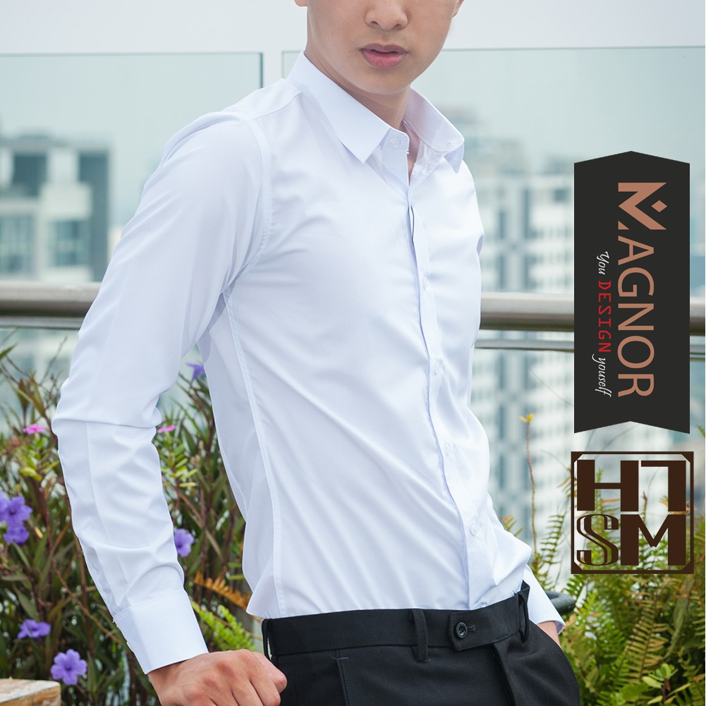 Áo sơ mi nam trắng dài tay HTSM MAGNOR vải trơn, vải Polyspun chống nhăn, cổ bẻ, dáng slimfit công sở không túi ngực