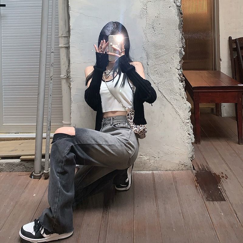 Jiashucheng Quần Jean Rách Ống Rộng Lưng Cao Dáng Ôm Dễ Phối Đồ Cho Nữ