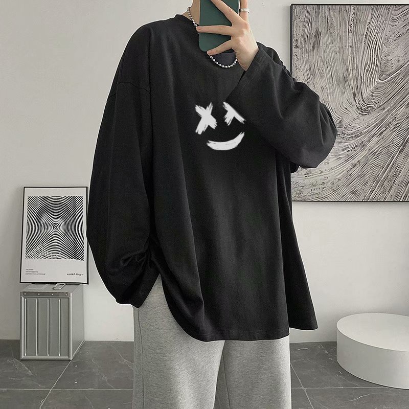Áo thun nam tay dài cổ tròn dáng rộng in họa tiết phong cách Hip Hop Hồng Kông thời trang mới