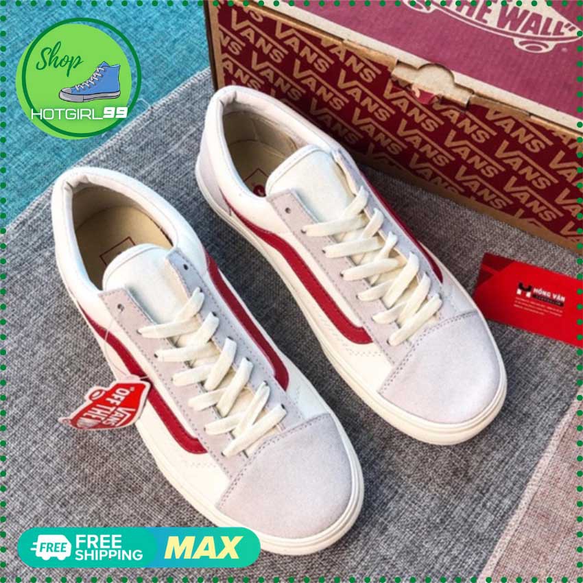 Giày Thể Thao rep 1 van Old Skool  da nộn  trắng Sóng Đỏ  thời trang