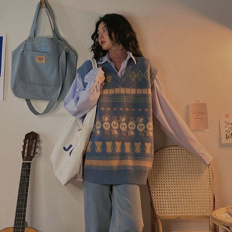 Áo len không tay cổ chữ V dáng rộng phong cách vintage thời trang cho nữ