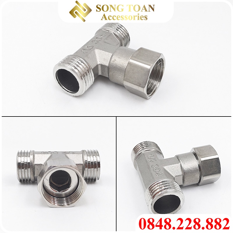 Tê chia nước, Tê cầu đai ốc xiết ở giữa bước ren G 1/2 21 Sử dụng chia nước Tee T dây cấp cho bồn cầu & lavabo INOX