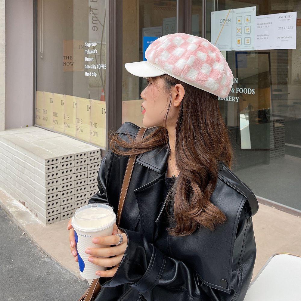 Mũ Beret Vải Lông Họa Tiết Kẻ Ô Vintage Hợp Thời Trang Thu Đông Cho Nữ