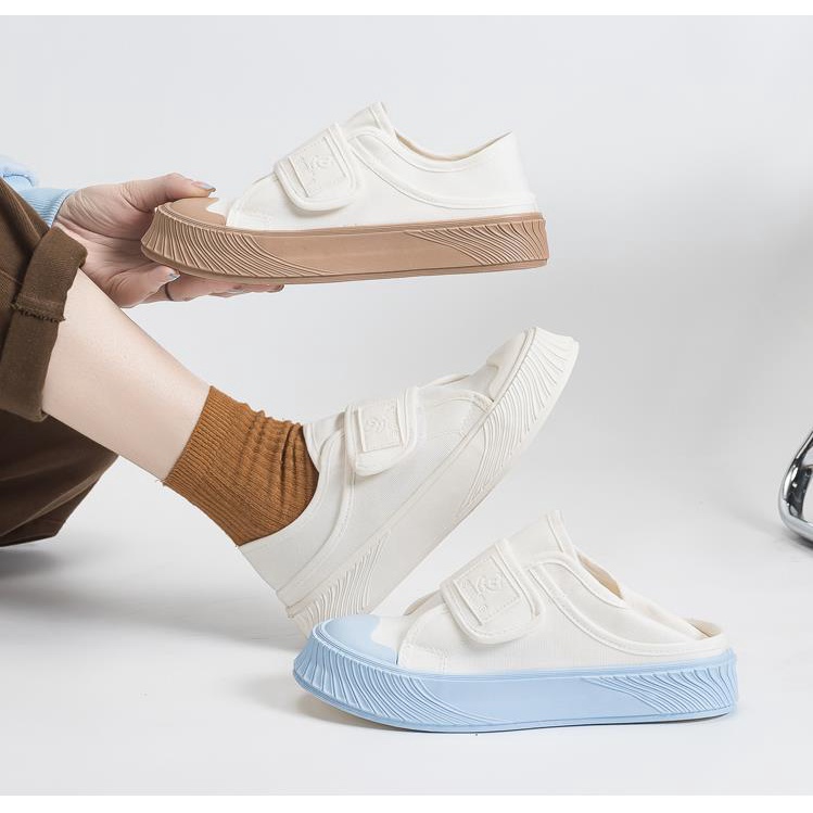 Giày Lười Canvas Hở Hai Cách Mang Quai Dán Màu Trắng Phong Cách Mới Mùa Hè 2022 Cho Nữ