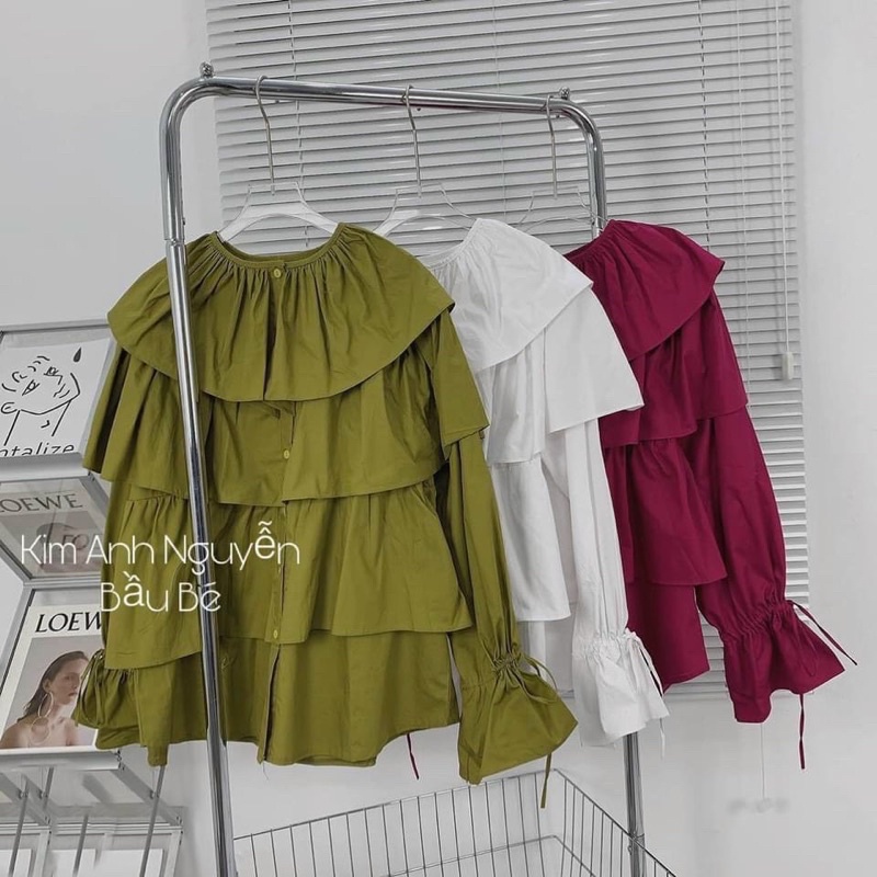 Áo sơ mi bèo tầng tay phồng cổ tròn tay bài bo nơ xinh, áo sơ mi bèo tay bồng tầng xoè | BigBuy360 - bigbuy360.vn