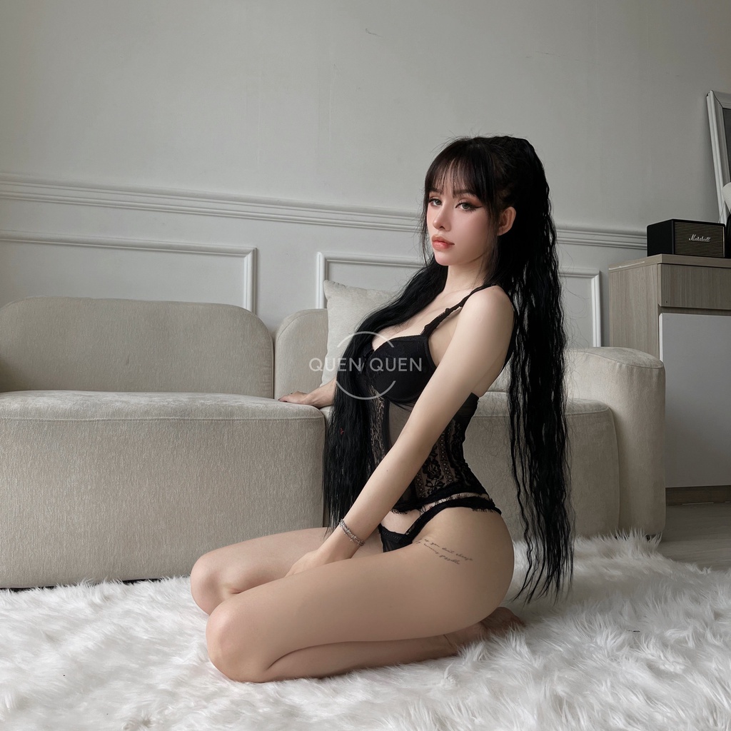 Corset nữ QUENQUEN corset ren hoa sexy full set màu đen dưới 55kg