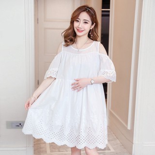 Váy bầu (Đầm bầu) trắng hở vai cao cấp hè 2019