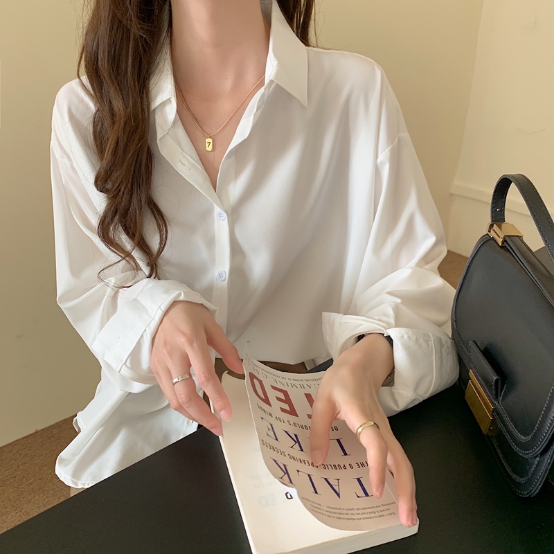 SUXI Áo sơ mi nữ tay dài cổ bẻ đơn giản phong cách Hàn Quốc